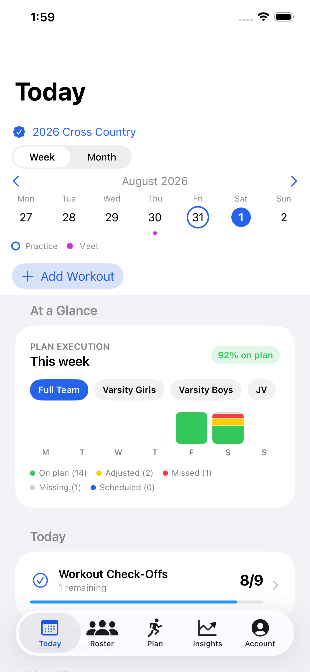CoachSplit Today screen showing weekly plan execution, training-group filters, and stacked workout outcomes