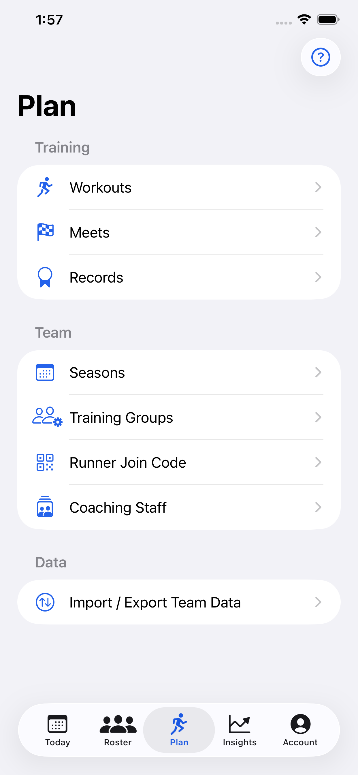 CoachSplit Plan screen showing workouts, meets, seasons, training groups, and coaching staff